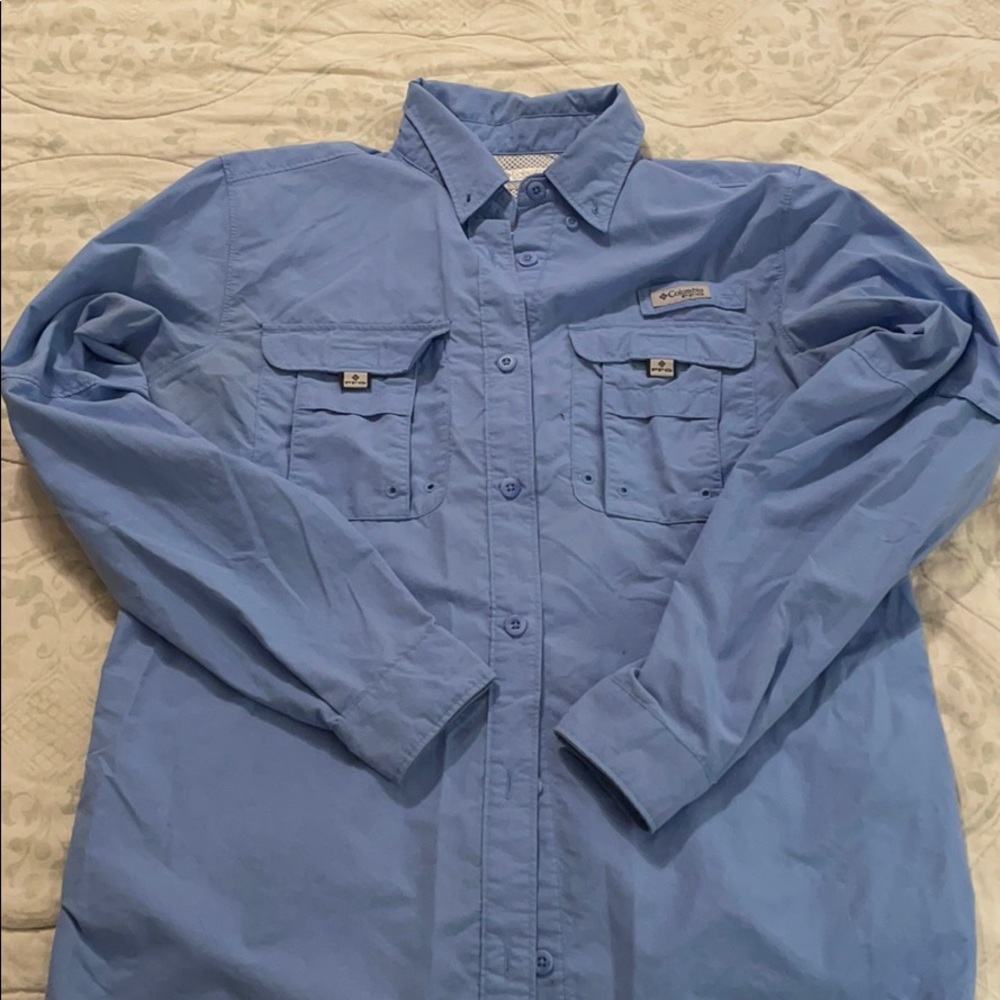Blue Columbia PFG L/S Fishing Shirt - Small